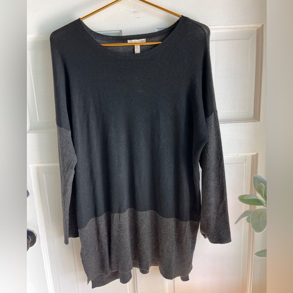 New Eileen Fisher black gray color block scoop round neck sweater